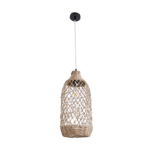 GloboStar® ECUADOR 02116 Boho Κρεμαστό Φωτιστικό Πλέγμα Μονόφωτο 1 x E27 IP20 Μπεζ Rattan - Μ23 x Π23 x Υ50cm