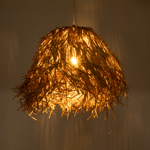 GloboStar® GUADELOUPE 02157 Boho Κρεμαστό Φωτιστικό Πλέγμα Μονόφωτο 1 x E27 IP20 Μπεζ Ράφια - Μ50 x Π50 x Υ40cm