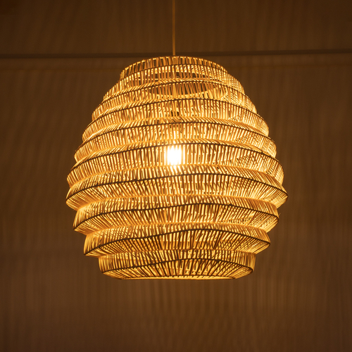 GloboStar® OREGON 02206 Boho Κρεμαστό Φωτιστικό Πλέγμα Μονόφωτο 1 x E27 IP20 Μπεζ Ξύλο - Μ60 x Π60 x Υ56cm
