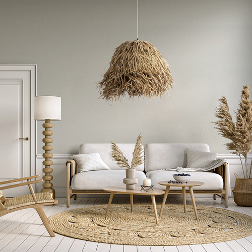 GloboStar® GUADELOUPE 02157 Boho Κρεμαστό Φωτιστικό Πλέγμα Μονόφωτο 1 x E27 IP20 Μπεζ Ράφια - Μ50 x Π50 x Υ40cm
