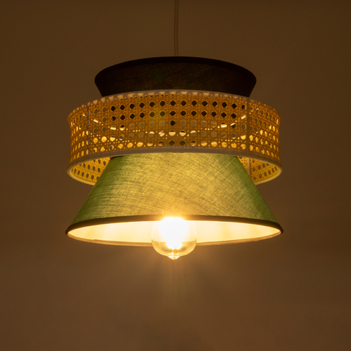 GloboStar® SAIGE 01915 Boho Κρεμαστό Φωτιστικό Πλέγμα Μονόφωτο 1 x E27 IP20 Μπεζ Ξύλο με Μαύρο & Πράσινο Ύφασμα - Μ30 x Π30 x Υ22cm