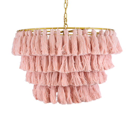 GloboStar® MISSOULA 02090 Boho Κρεμαστό Φωτιστικό Σχοινί Μονόφωτο 1 x E27 IP20 Ροζ Ύφασμα με Χρυσό Μέταλλο - Μ60 x Π60 x Υ40cm