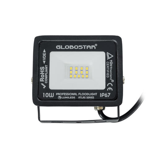 GloboStar® ATLAS 61516 Επαγγελματικός Προβολέας LED 10W 1200lm 120° AC 220-240V - Αδιάβροχος IP67 - Μ10 x Π2 x Υ8cm - Μαύρο - Φυσικό Λευκό 4500K - LUMILEDS Chips - TÜV Rheinland Certified - 5 Χρόνια Εγγύηση