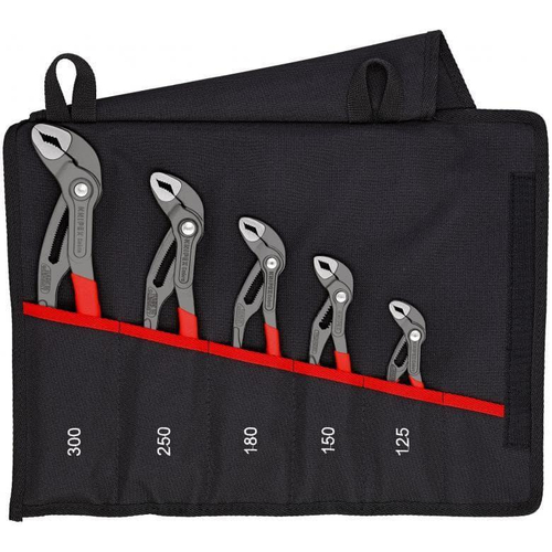 Η KNIPEX Cobra® είναι η θρυλική γκαζοτανάλια υψηλής τεχνολογίας της KNIPEX
 Με τον εξαιρετικά ισχυρό μηχανισμό κλειδώματος, διασφαλίζουν εργασία που εξοικονομεί ενέργεια χωρίς γλίστρημα του προς σύσφιξη αντικειμένου
 Θήκη ρολό από υψηλής ποιότητας πολυεστερικό ύφασμα και αυτοπροσφυούμενο κλείσιμο
 Εξοπλισμένο με την High Tech γκαζοτανάλια KNIPEX Cobra® σε πέντε διαφορετικά μήκη, από 125 έως 300 mm
 Διαστάσεις, ανοιχτό (Μ x Υ): 430 x 325 mm / 001955S5