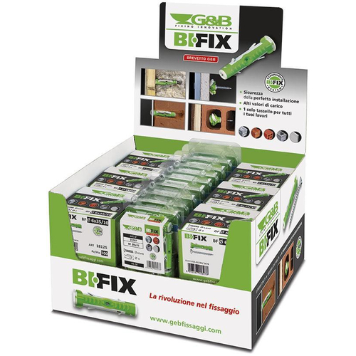 Εκθετήριο πάγκου χάρτινο με 18 κουτιά ούπα BI-FIX. Περιέχει 7 κουτιά 150τεμ. 6Χ35 και 11 κουτιά 75τεμ. 8Χ45 / ESELF38