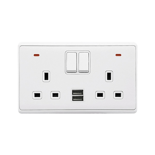 LONDON DOUBLE SOCKET 2P BUTTON SWITCH NEON+USB WH