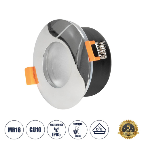 GloboStar® 60890 GASPAR Χωνευτό Στρόγγυλο Σποτ Οροφής για Λάμπα MR16/GU10 IP65 - Αλουμίνιο & Γυαλί - Φ8.5 x Υ4.2cm - Ασημί & Διάφανο - 5 Χρόνια Εγγύηση