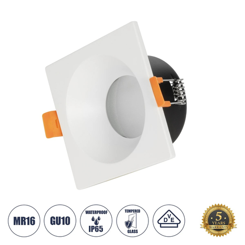 GloboStar® 60896 GASPAR Χωνευτό Τετράγωνο Σποτ Οροφής για Λάμπα MR16/GU10 IP65 - Αλουμίνιο & Γυαλί - Φ8.5 x Υ4.4cm - Λευκό & Διάφανο - 5 Χρόνια Εγγύηση
