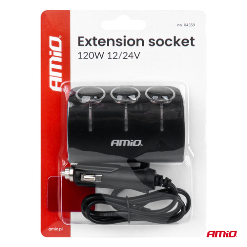 ΑΝΤΑΠΤΟΡΑΣ ΑΝΑΠΤΗΡΑ 12/24V 120W ΜΑΥΡΟΣ/3 ΘΕΣΕΙΣ/ΚΑΛΩΔΙΟ 80cm AMIO - 1 Τεμ.