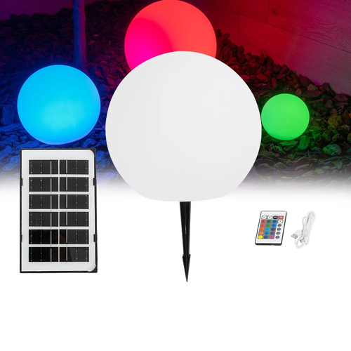 GLOBOSTAR® AQUAGLOW 71474 Μοντέρνο Φωτιστικό Κήπου Μπάλα με IR Ασύρματο Χειριστήριο LED 3W 240lm 360° DC 5V με USB-C με Ενσωματωμένο Φωτοβολταϊκό Panel 6V 1W & Επαναφορτιζόμενη Μπαταρία Li-ion 3.7V 2x18650 1400mAh Αδιάβροχο IP54 Πολύχρωμο RGBW Dimmable - Sanan SMD Chip - Γαλακτερό Λευκό - Μ25 x Π25 x Υ24cm - 2 Χρόνια Εγγύηση