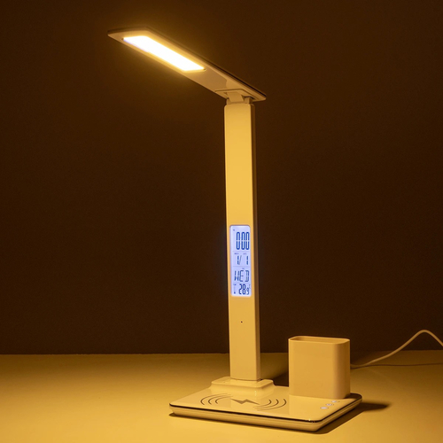 GLOBOSTAR® ZENTIME 76554 Μοντέρνο Επιτραπέζιο Φωτιστικό Γραφείου με Ασύρματη Φόρτιση 15W 3A & Ψηφιακό Ρολόι LED 3.5W 350lm 120° DC 5V με USB-C IP20 Ρυθμιζόμενο Λευκό CCT με Αφή 2700K/4500K/6000K Dimmable - Sanan SMD Chip - Μαύρο - Μ19.5 x Π25 x Υ50cm - 2 Χρόνια Εγγύηση