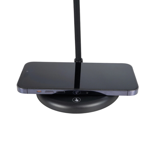 GLOBOSTAR® LUCORA 76556 Μοντέρνο Επιτραπέζιο Φωτιστικό Γραφείου με Ασύρματη Φόρτιση 10W 2A & 4W Bluetooth Ηχείο LED 3W 300lm 120° DC 5V με USB-C IP20 Ρυθμιζόμενο Λευκό CCT με Αφή 2700K/4500K/6000K Dimmable - Sanan SMD Chip - Μαύρο - Μ12 x Π12 x Υ34cm - 2 Χρόνια Εγγύηση