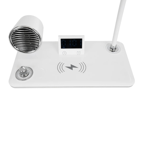 GLOBOSTAR® OLDY 76557 Μοντέρνο Επιτραπέζιο Φωτιστικό Γραφείου με Ασύρματη Φόρτιση 15W 3A, 5W Bluetooth Ηχείο & Ψηφιακό Ρολόι LED 3W 300lm 120° DC 5V με USB-C IP20 Ρυθμιζόμενο Λευκό CCT με Αφή 2700K/4500K/6000K Dimmable - Sanan SMD Chip - Λευκό - Μ13 x Π25 x Υ38cm - 2 Χρόνια Εγγύηση