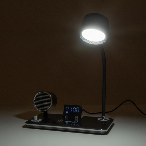 GLOBOSTAR® OLDY 76563 Μοντέρνο Επιτραπέζιο Φωτιστικό Γραφείου με Ασύρματη Φόρτιση 15W 3A, 5W Bluetooth Ηχείο & Ψηφιακό Ρολόι LED 3W 300lm 120° DC 5V με USB-C IP20 Ρυθμιζόμενο Λευκό CCT με Αφή 2700K/4500K/6000K Dimmable - Sanan SMD Chip - Μαύρο - Μ13 x Π25 x Υ38cm - 2 Χρόνια Εγγύηση