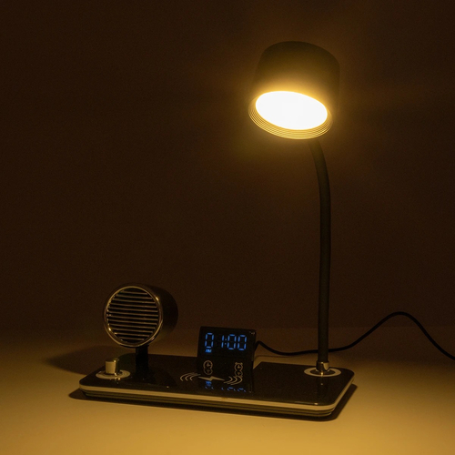 GLOBOSTAR® OLDY 76563 Μοντέρνο Επιτραπέζιο Φωτιστικό Γραφείου με Ασύρματη Φόρτιση 15W 3A, 5W Bluetooth Ηχείο & Ψηφιακό Ρολόι LED 3W 300lm 120° DC 5V με USB-C IP20 Ρυθμιζόμενο Λευκό CCT με Αφή 2700K/4500K/6000K Dimmable - Sanan SMD Chip - Μαύρο - Μ13 x Π25 x Υ38cm - 2 Χρόνια Εγγύηση