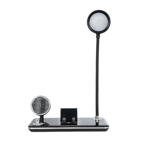 GLOBOSTAR® OLDY 76563 Μοντέρνο Επιτραπέζιο Φωτιστικό Γραφείου με Ασύρματη Φόρτιση 15W 3A, 5W Bluetooth Ηχείο & Ψηφιακό Ρολόι LED 3W 300lm 120° DC 5V με USB-C IP20 Ρυθμιζόμενο Λευκό CCT με Αφή 2700K/4500K/6000K Dimmable - Sanan SMD Chip - Μαύρο - Μ13 x Π25 x Υ38cm - 2 Χρόνια Εγγύηση