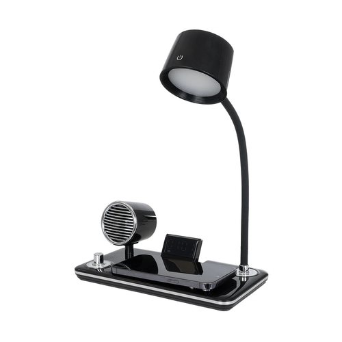 GLOBOSTAR® OLDY 76563 Μοντέρνο Επιτραπέζιο Φωτιστικό Γραφείου με Ασύρματη Φόρτιση 15W 3A, 5W Bluetooth Ηχείο & Ψηφιακό Ρολόι LED 3W 300lm 120° DC 5V με USB-C IP20 Ρυθμιζόμενο Λευκό CCT με Αφή 2700K/4500K/6000K Dimmable - Sanan SMD Chip - Μαύρο - Μ13 x Π25 x Υ38cm - 2 Χρόνια Εγγύηση
