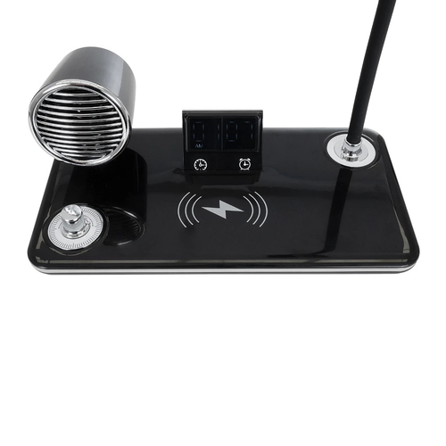 GLOBOSTAR® OLDY 76563 Μοντέρνο Επιτραπέζιο Φωτιστικό Γραφείου με Ασύρματη Φόρτιση 15W 3A, 5W Bluetooth Ηχείο & Ψηφιακό Ρολόι LED 3W 300lm 120° DC 5V με USB-C IP20 Ρυθμιζόμενο Λευκό CCT με Αφή 2700K/4500K/6000K Dimmable - Sanan SMD Chip - Μαύρο - Μ13 x Π25 x Υ38cm - 2 Χρόνια Εγγύηση