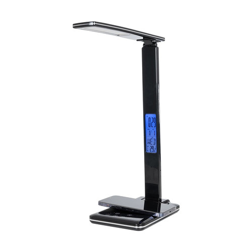 GLOBOSTAR® ZENTIME 76564 Μοντέρνο Επιτραπέζιο Φωτιστικό Γραφείου με Ασύρματη Φόρτιση 10W 2A & Ψηφιακό Ρολόι LED 3.5W 350lm 120° DC 5V με USB-C IP20 Ρυθμιζόμενο Λευκό CCT με Αφή 2700K/4500K/6000K Dimmable - Sanan SMD Chip - Μαύρο - Μ13 x Π25 x Υ50cm - 2 Χρόνια Εγγύηση