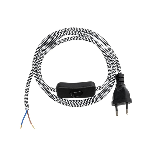 GLOBOSTAR® WHIP 77670 Μοντέρνο DIY Φωτιστικό με Υφασμάτινο Καλώδιο, με Διακόπτη On/Off AC 220-240V IP20 - Ασημί & Μαύρο - Μ140 x Π2.7 x Υ1.9cm