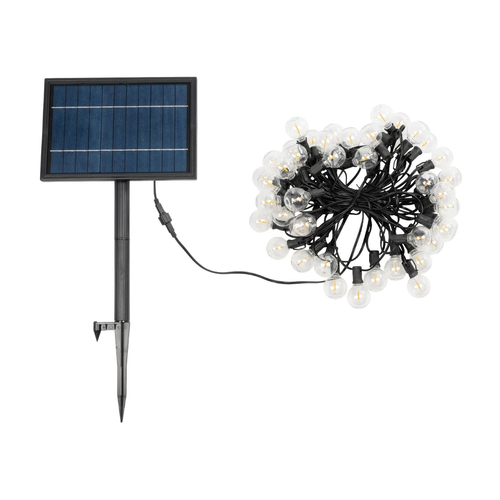 GLOBOSTAR® TWILIGHT 79669 Μοντέρνο Φωτιστικό Κήπου Γιρλάντα 14.5m με 50 Λάμπες LED 30W 2700lm 360° DC 3.7V με Ενσωματωμένο Φωτοβολταϊκό Panel 5.5V 5W & Επαναφορτιζόμενη Μπαταρία Li-ion 3.7V 3x18650 6600mAh Αδιάβροχο IP65 Θερμό Λευκό 2700Κ Dimmable - Sanan SMD Chip - Μαύρο & Διάφανο - Μ1450 x Π4 x Υ7cm - 2 Χρόνια Εγγύηση