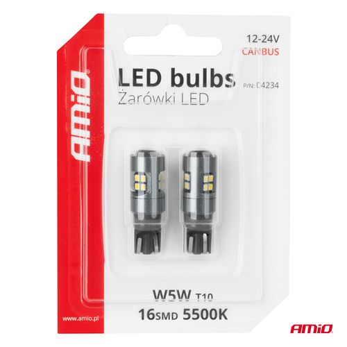 ΛΑΜΠΑΚΙΑ T10 W5W 12V/24V LED CAN-BUS 16xSMD 2016 ΛΕΥΚΟ ΦΩΣ 5.500K (ΣΕ ΧΡΩΜΑ ΧΡΩΜΙΟΥ) AMIO -  2 ΤΕΜ.