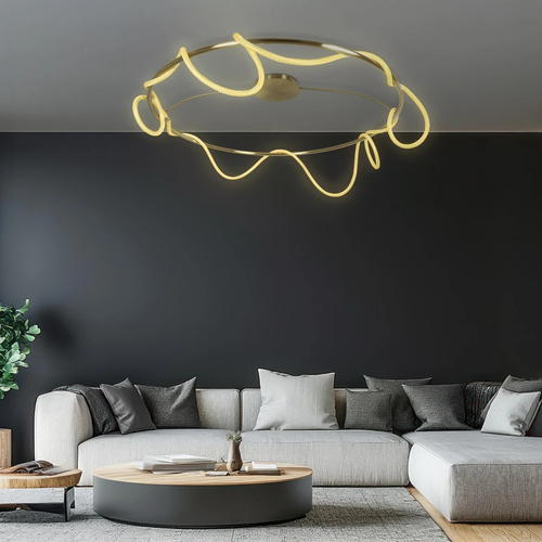 kelvo® GLOW 61675 Μοντέρνο Φωτιστικό Οροφής LED 89W 8900lm 360° AC 220-240V IP20 Ρυθμιζόμενο Λευκό CCT με Χειριστήριο από 2700K έως 6000K Dimmable - Lumileds SMD Chip - Χρυσό Πλατίνα & Λευκό Νήμα - Μ150 x Π150 x Υ30cm - 3 Χρόνια Εγγύηση