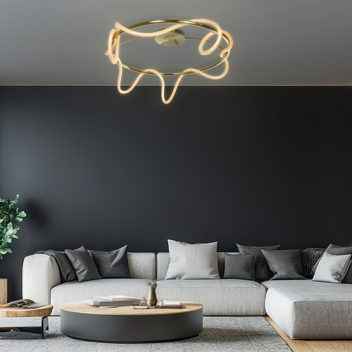 kelvo® GLOW 61674 Μοντέρνο Φωτιστικό Οροφής LED 65W 6500lm 360° AC 220-240V IP20 Ρυθμιζόμενο Λευκό CCT με Χειριστήριο από 2700K έως 6000K Dimmable - Lumileds SMD Chip - Χρυσό Πλατίνα & Λευκό Νήμα - Μ100 x Π100 x Υ30cm - 3 Χρόνια Εγγύηση