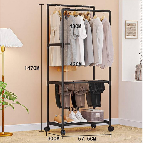 Τροχήλατη κρεμάστρα δαπέδου με ράφι παπουτσιών - YX9108-2 - 522787 - Black