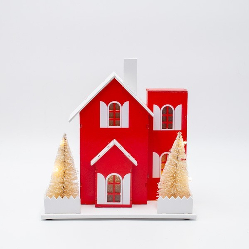 ΦΩΤΙΖΟΜΕΝΟ ΞΥΛΙΝΟ ΣΠΙΤΙ, ΚΟΚΚΙΝΟ & ΛΕΥΚΟ, ΜΠΑΤΑΡΙΑΣ 2xAA, ΧΡΟΝΟΔΙΑΚΟΠΤΗ, 10 ΘΕΡΜΑ ΛΕΥΚΑ LED, 20x10x20cm, IP20