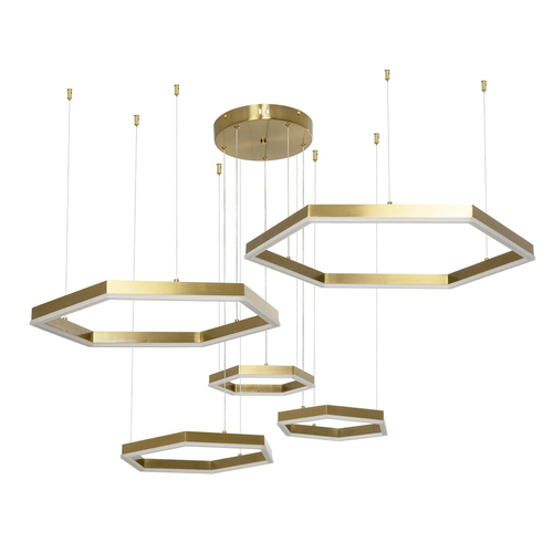 kelvo® LEXAGON 61398 Μοντέρνο Κρεμαστό Φωτιστικό Οροφής LED 120W 12000lm 200° AC 220-240V IP20 Ρυθμιζόμενο Λευκό CCT με Χειριστήριο από 2700K έως 6000K Dimmable - Lumileds SMD Chip - Χρυσό Βούρτσας - Μ110 x Π90 x Υ110cm - 3 Χρόνια Εγγύηση