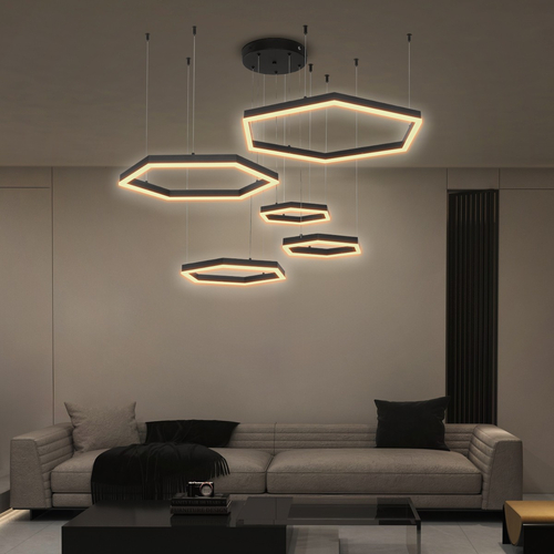 kelvo® LEXAGON 61397 Μοντέρνο Κρεμαστό Φωτιστικό Οροφής LED 120W 12000lm 200° AC 220-240V IP20 Ρυθμιζόμενο Λευκό CCT με Χειριστήριο από 2700K έως 6000K Dimmable - Lumileds SMD Chip - Μαύρο - Μ110 x Π90 x Υ110cm - 3 Χρόνια Εγγύηση