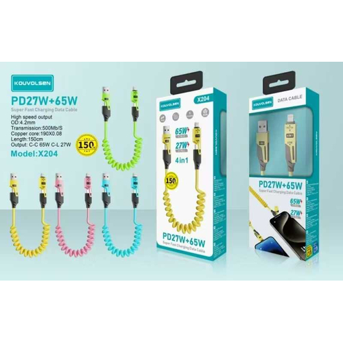 Καλώδιο φόρτισης & data σπιράλ - 4in1 - Fast Charge - X204 - 27-65W - 102048 - Green