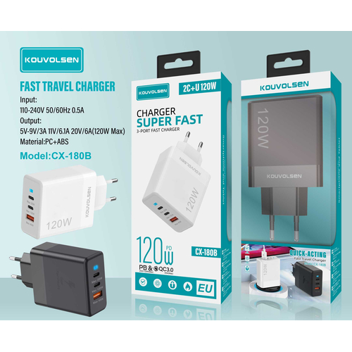 Αντάπτορας φόρτισης Fast Charge με 3 θύρες USB-A & Type-C - 120W - CX-180B - 271801 - Black