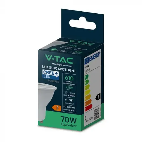 V-TAC - Φωτιστικό LED Chip CREE GU10 7,5W 38° 3000K V-TAC - Φωτιστικό LED Chip CREE GU10 7,5W 38° 3000K