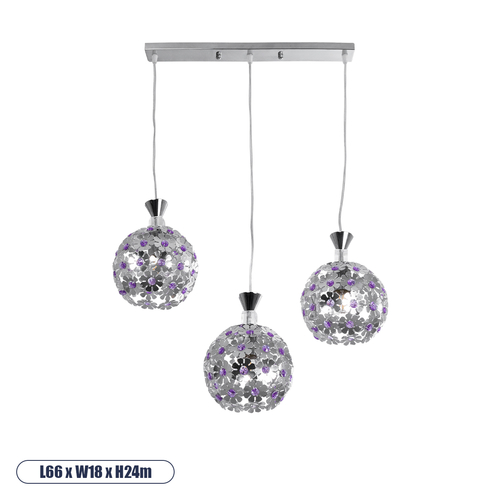 GLOBOSTAR® BOUQUET 01249 Μοντέρνο Κρεμαστό Φωτιστικό Οροφής με Ντουί 3 x E27 AC 220-240V IP20 - Ασημί & Μωβ - Μ66 x Π18 x Υ24cm