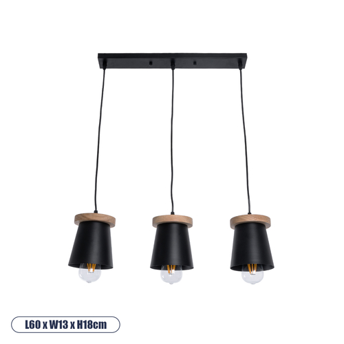 GLOBOSTAR® LANA 01425 Μοντέρνο Κρεμαστό Φωτιστικό Οροφής με Ντουί 3 x E27 AC 220-240V IP20 - Μαύρο & Καφέ - Μ60 x Π13 x Υ18cm