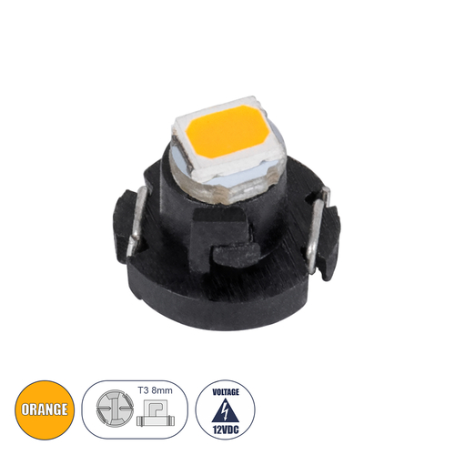 GLOBOSTAR® T3 81006 Λάμπα T3 8mm B8.5d LED 0.12W 30lm 120° DC 12V IP20 Πορτοκαλί - 1 x Epistar SMD1210 Chip - Μ0.8 x Π0.8 x Υ0.7cm - 1 Χρόνο Εγγύηση