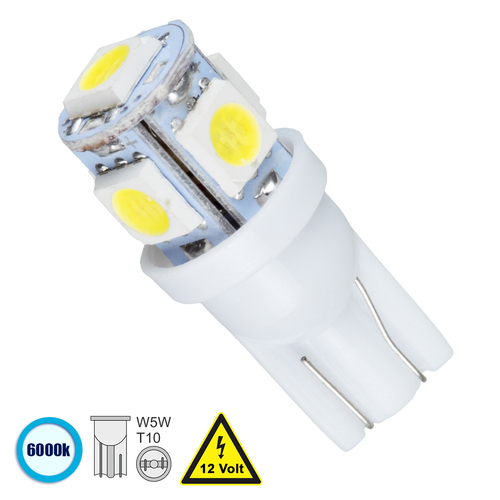 GLOBOSTAR® W5W-T10 81050 Λάμπα W5W T10 LED 0.6W 110lm 360° DC 12V IP20 Ψυχρό Λευκό 6000K - 5 x Epistar SMD5050 Chip - Μ1.2 x Π1.2 x Υ2.7cm - 1 Χρόνο Εγγύηση