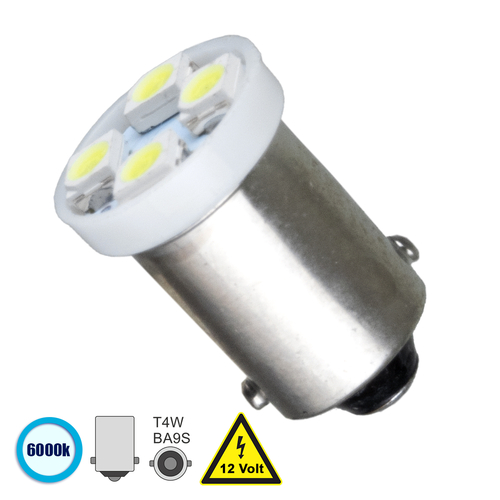 GLOBOSTAR® BA9S-T4W 81283 Λάμπα Ba9S T4W LED 0.8W 130lm 120° DC 12V IP20 Ψυχρό Λευκό 6000K - 4 x Epistar SMD1210 Chip - Μ1.1 x Π1.1 x Υ1.6cm - 1 Χρόνο Εγγύηση