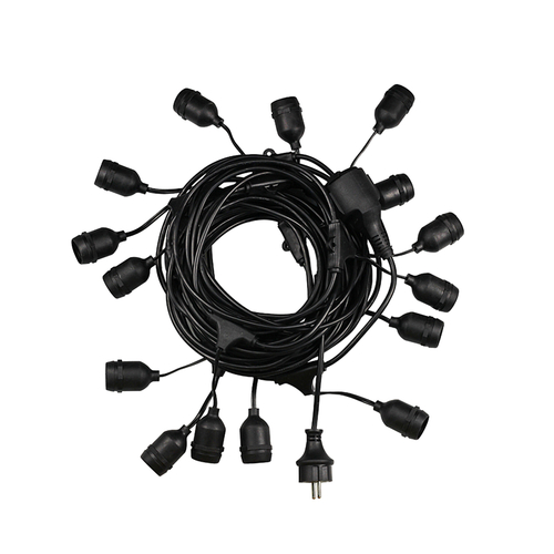 GLOBOSTAR® E27GARLAND 78984 Μοντέρνο Φωτιστικό Κήπου Γιρλάντα 15m με Ντουί 15 x E27 & Πρίζα Schuko Επεκτεινόμενη 90° AC 220-240V IP65 - Μαύρο - Μ1500 x Π92 x Υ16cm