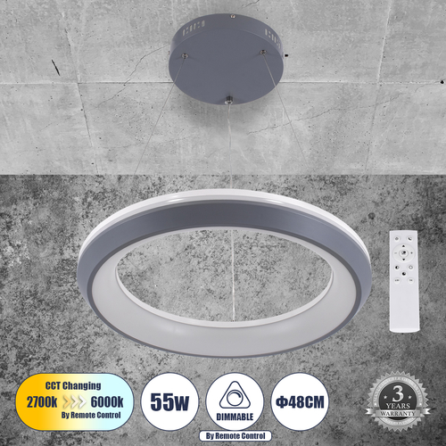 GLOBOSTAR® MELINA 61045 Μοντέρνο Κρεμαστό Φωτιστικό Οροφής LED 55W 6376lm 120° AC 220-240V IP20 Ρυθμιζόμενο Λευκό CCT με Χειριστήριο από 2700K έως 6000K Dimmable - Lumileds SMD Chip - Γκρι & Λευκό - Μ48 x Π48 x Υ6.5cm - 3 Χρόνια Εγγύηση