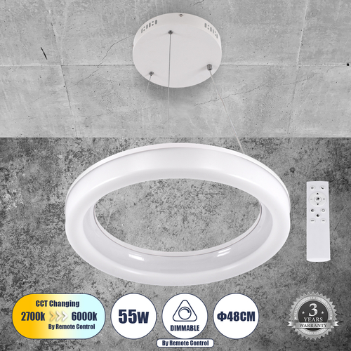 GLOBOSTAR® ARIANA 61038 Μοντέρνο Κρεμαστό Φωτιστικό Οροφής LED 55W 6376lm 120° AC 220-240V IP20 Ρυθμιζόμενο Λευκό CCT με Χειριστήριο από 2700K έως 6000K Dimmable - Lumileds SMD Chip - Λευκό Ματ - Μ48 x Π48 x Υ6.5cm - 3 Χρόνια Εγγύηση