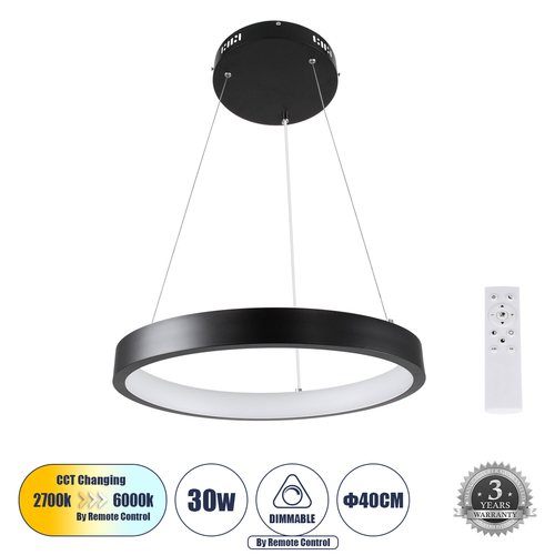 GLOBOSTAR® NEMESIS 61155 Μοντέρνο Κρεμαστό Φωτιστικό Οροφής LED 30W 3513lm 360° AC 220-240V IP20 Ρυθμιζόμενο Λευκό CCT με Χειριστήριο από 2700K έως 6000K Dimmable - Lumileds SMD Chip - Μαυρό Ματ - Μ40 x Π40 x Υ4cm - 3 Χρόνια Εγγύηση