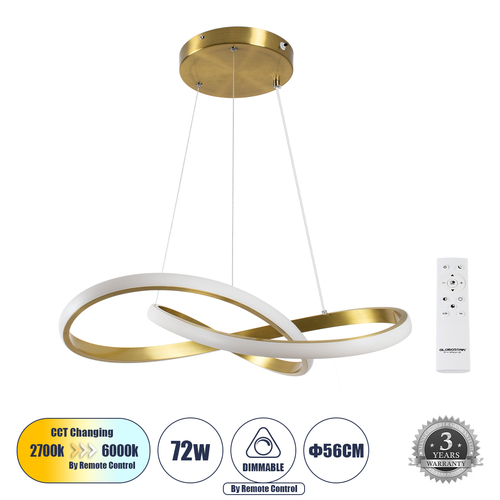 GLOBOSTAR® DEXTER 61051 Μοντέρνο Κρεμαστό Φωτιστικό Οροφής LED 72W 8064lm 300° AC 220-240V IP20 Ρυθμιζόμενο Λευκό CCT με Χειριστήριο από 2700K έως 6000K Dimmable - Lumileds SMD Chip - Χρυσό Βούρτσας - Μ56 x Π56 x Υ14cm - 3 Χρόνια Εγγύηση
