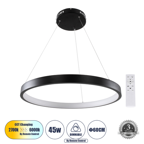 GLOBOSTAR® NEMESIS 61158 Μοντέρνο Κρεμαστό Φωτιστικό Οροφής LED 45W 5230lm 360° AC 220-240V IP20 Ρυθμιζόμενο Λευκό CCT με Χειριστήριο από 2700K έως 6000K Dimmable - Lumileds SMD Chip - Μαύρο Ματ - Μ60 x Π60 x Υ4cm - 3 Χρόνια Εγγύηση