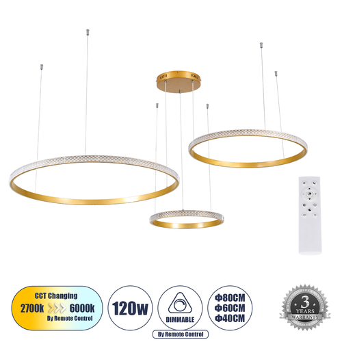 GLOBOSTAR® DIAMOND TRIO 61145 Μοντέρνο Κρεμαστό Φωτιστικό Οροφής LED 120W 14723lm 360° AC 220-240V IP20 Ρυθμιζόμενο Λευκό CCT με Χειριστήριο από 2700K έως 6000K Dimmable - Lumileds SMD Chip - Χρυσό Βούρτσας - Μ150 x Π150 x Υ60cm - 3 Χρόνια Εγγύηση