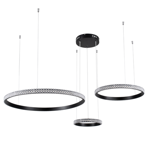 GLOBOSTAR® DIAMOND TRIO 61142 Μοντέρνο Κρεμαστό Φωτιστικό Οροφής LED 100W 12123lm 360° AC 220-240V IP20 Ρυθμιζόμενο Λευκό CCT με Χειριστήριο από 2700K έως 6000K Dimmable - Lumileds SMD Chip - Μαυρό Ματ - Μ110 x Π110 x Υ60cm - 3 Χρόνια Εγγύηση