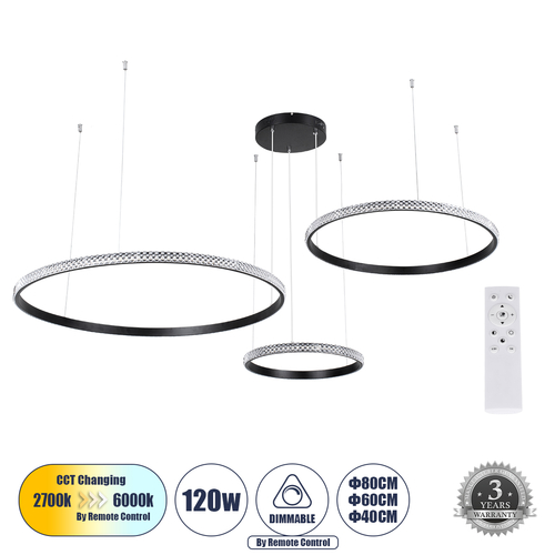 GLOBOSTAR® DIAMOND TRIO 61144 Μοντέρνο Κρεμαστό Φωτιστικό Οροφής LED 120W 14723lm 360° AC 220-240V IP20 Ρυθμιζόμενο Λευκό CCT με Χειριστήριο από 2700K έως 6000K Dimmable - Lumileds SMD Chip - Μαυρό Ματ - Μ150 x Π150 x Υ60cm - 3 Χρόνια Εγγύηση