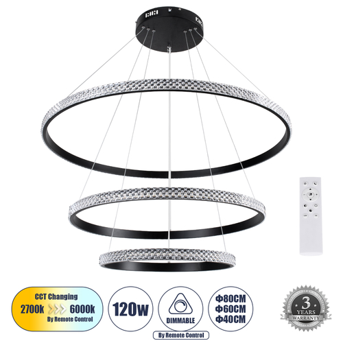 GLOBOSTAR® DIAMOND TRIO 61138 Μοντέρνο Κρεμαστό Φωτιστικό Οροφής LED 120W 14723lm 360° AC 220-240V IP20 Ρυθμιζόμενο Λευκό CCT με Χειριστήριο από 2700K έως 6000K Dimmable - Lumileds SMD Chip - Μαύρο Ματ - Μ80 x Π80 x Υ80cm - 3 Χρόνια Εγγύηση